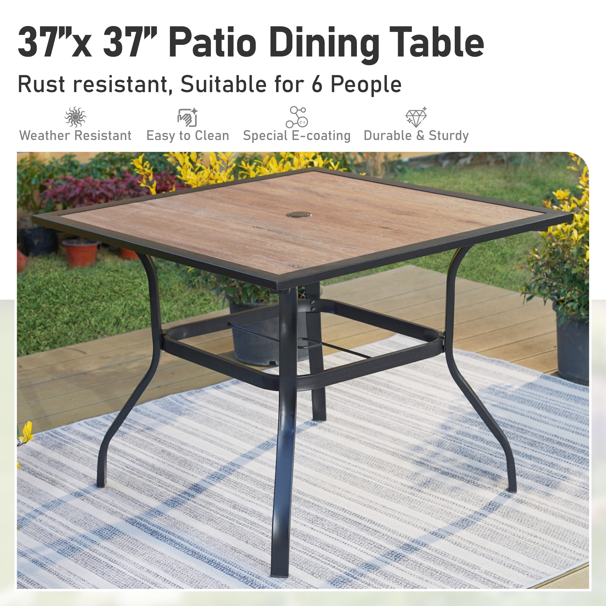 Sunshine Valley Outdoor Table and Chairs 5 -Piece Black Patio Dining Set Steel Square Table with 4 Brown Swivel Chairs