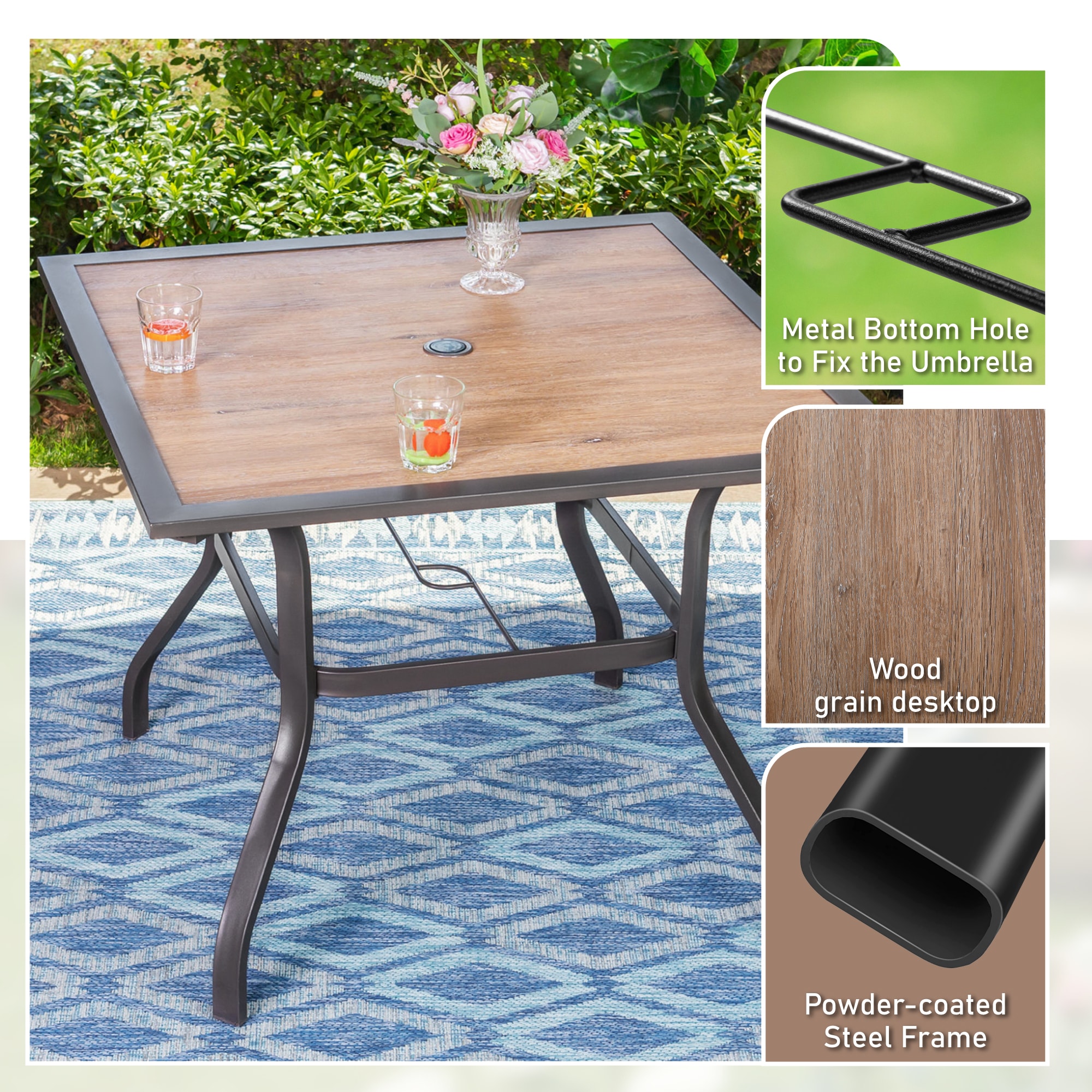 Sunshine Valley Outdoor Table and Chairs 5 -Piece Black Patio Dining Set Steel Square Table with 4 Brown Swivel Chairs