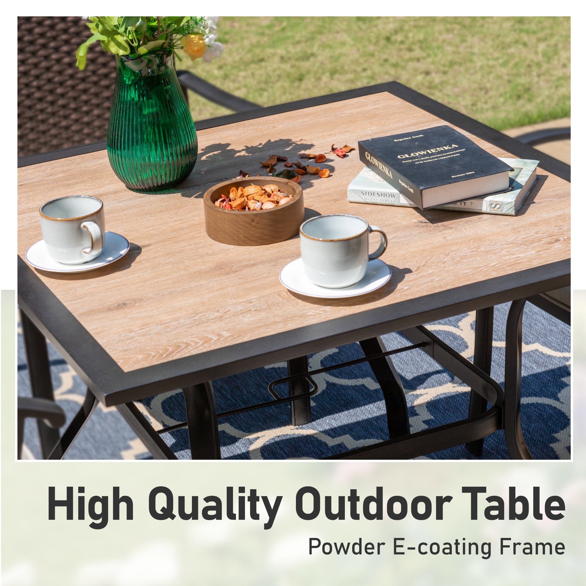 Sunshine Valley Outdoor Table and Chairs 5 -Piece Black Patio Dining Set Steel Square Table with 4 Brown Swivel Chairs