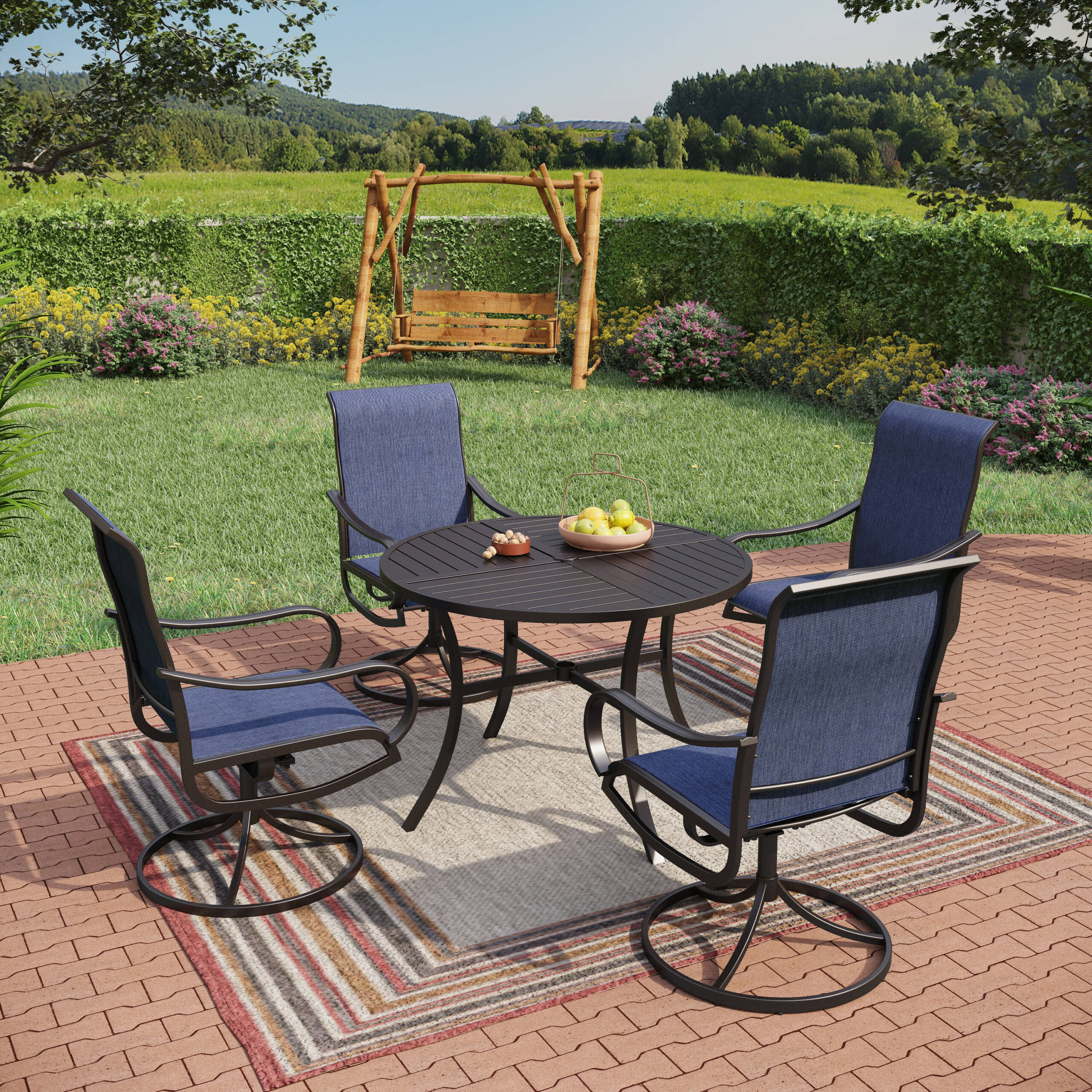 Sunshine Valley Outdoor Table and Chairs 5 -Piece Black Patio Dining Set Steel Round Table with 4 Blue Swivel Chairs