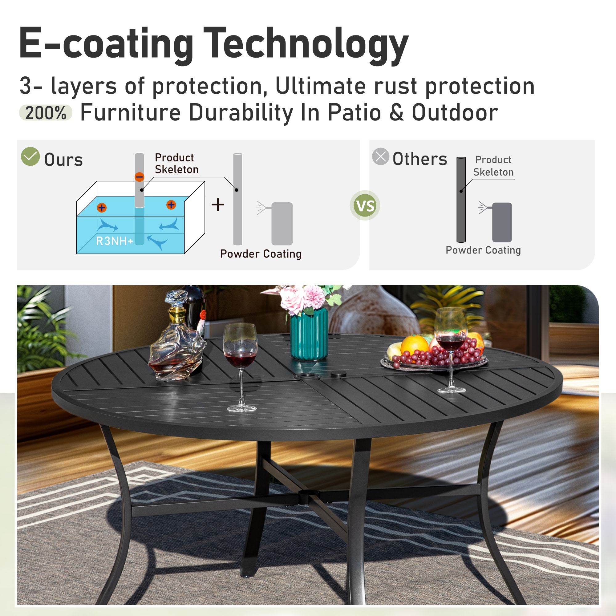 Sunshine Valley Outdoor Table and Chairs 5 -Piece Black Patio Dining Set Steel Round Table with 4 Blue Swivel Chairs
