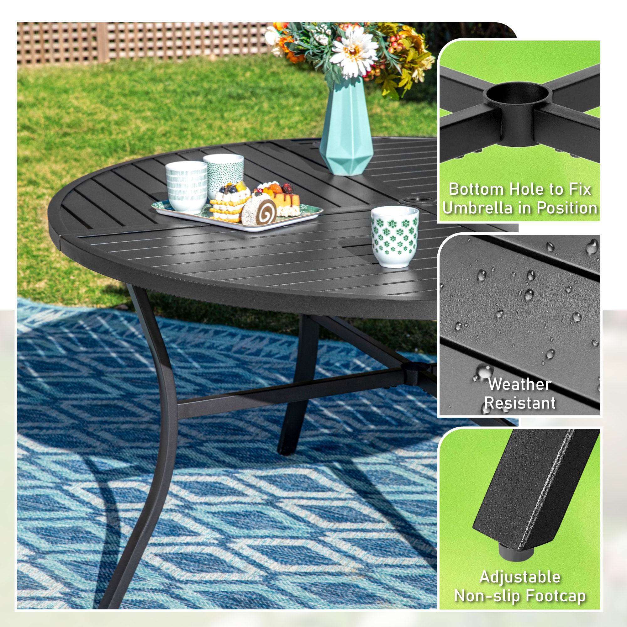 Sunshine Valley Outdoor Table and Chairs 5 -Piece Black Patio Dining Set Steel Square Table with 4 Brown Swivel Chairs