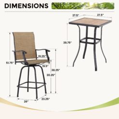 Sunshine Valley Outdoor Bistro Set 3 -Piece Black Balcony Height Patio Dining Set Steel Square Table with 2 Brown Swivel Chairs