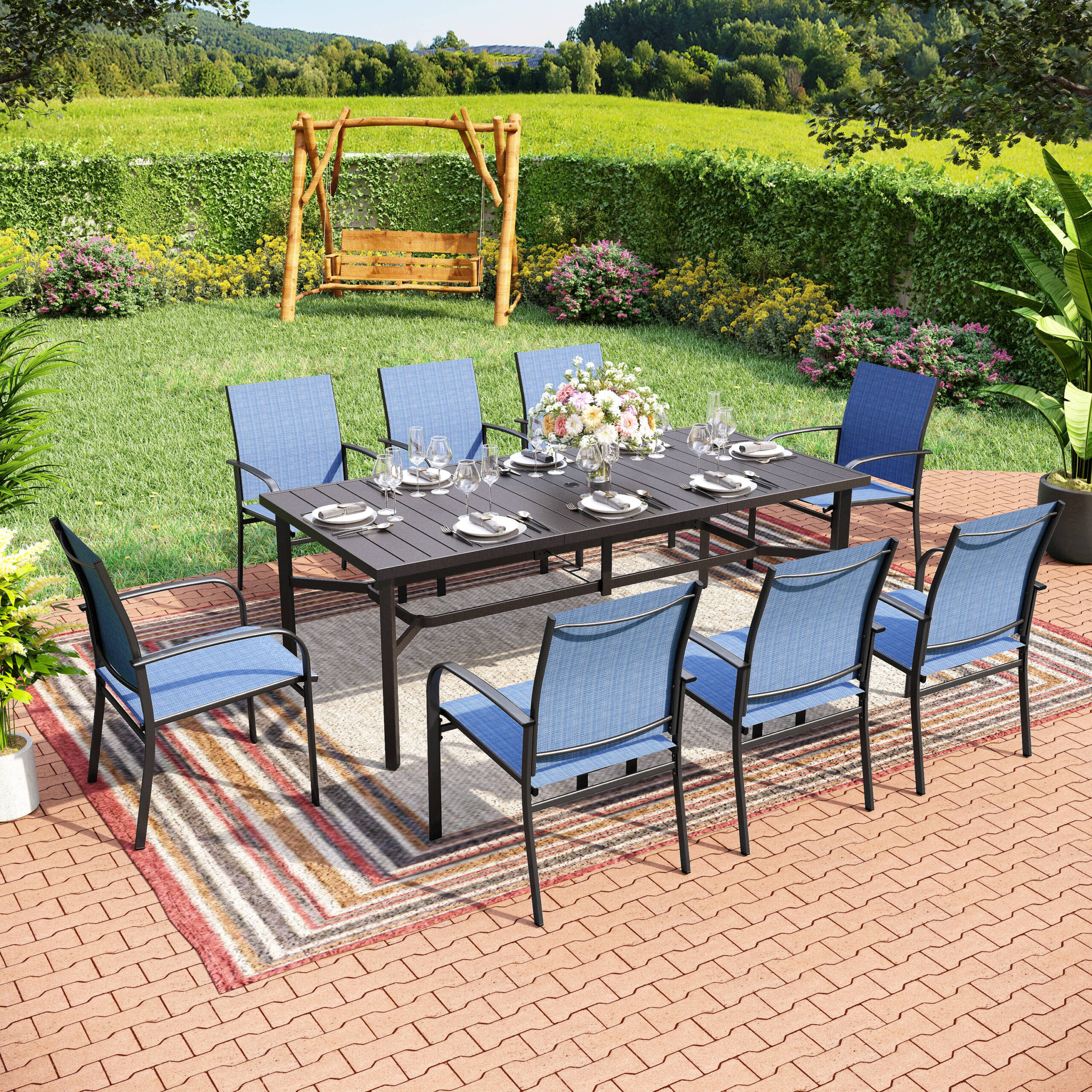 Sunshine Valley Outdoor Table and Chairs 9 -Piece Black Patio Dining Set Steel Rectangle Table with 8 Blue Stationary Chairs