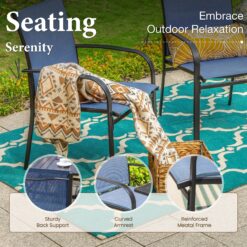 Sunshine Valley Outdoor Table and Chairs 9 -Piece Black Patio Dining Set Steel Rectangle Table with 8 Blue Stationary Chairs