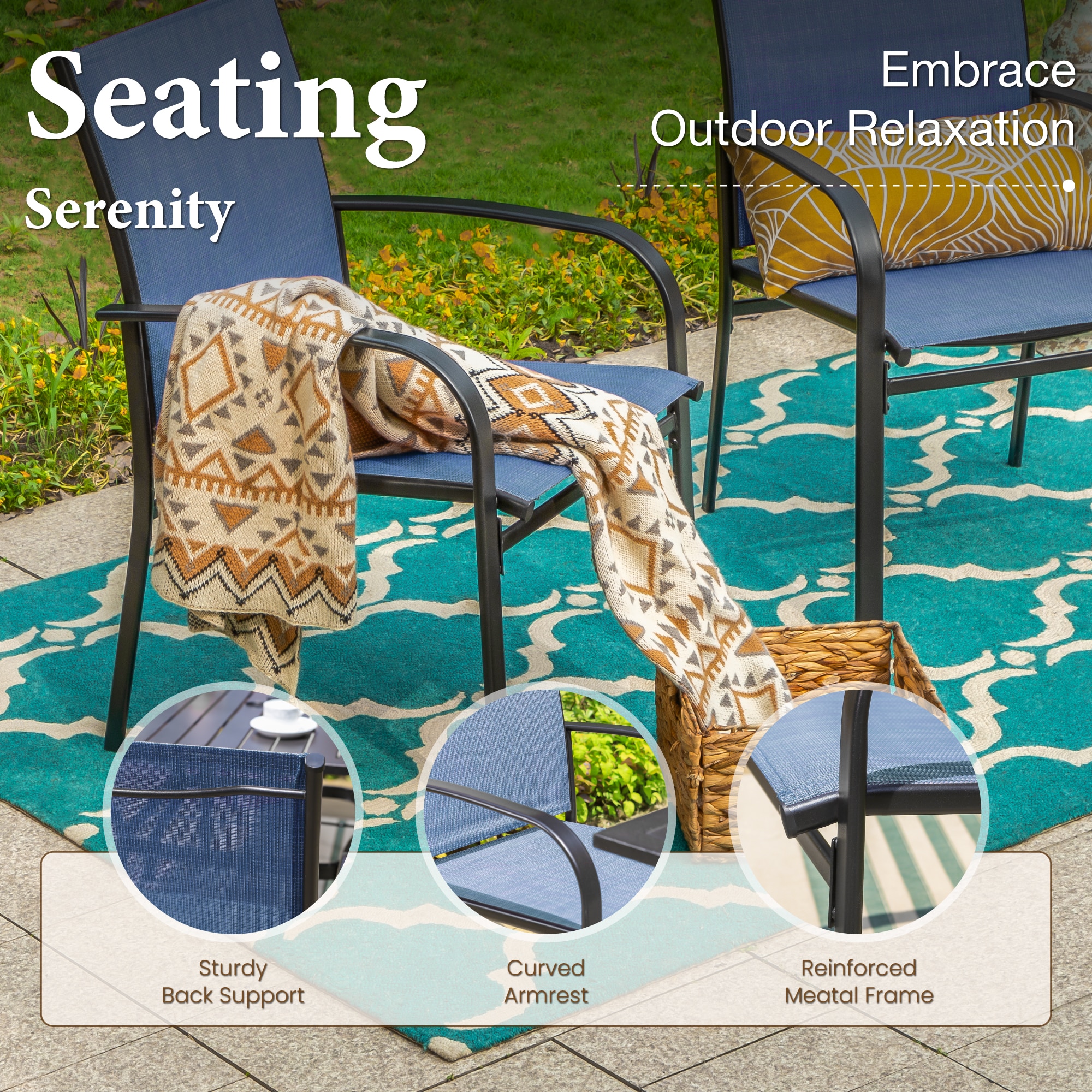 Sunshine Valley Outdoor Table and Chairs 9 -Piece Black Patio Dining Set Steel Rectangle Table with 8 Blue Stationary Chairs