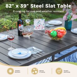 Sunshine Valley Outdoor Table and Chairs 9 -Piece Black Patio Dining Set Steel Rectangle Table with 8 Blue Stationary Chairs