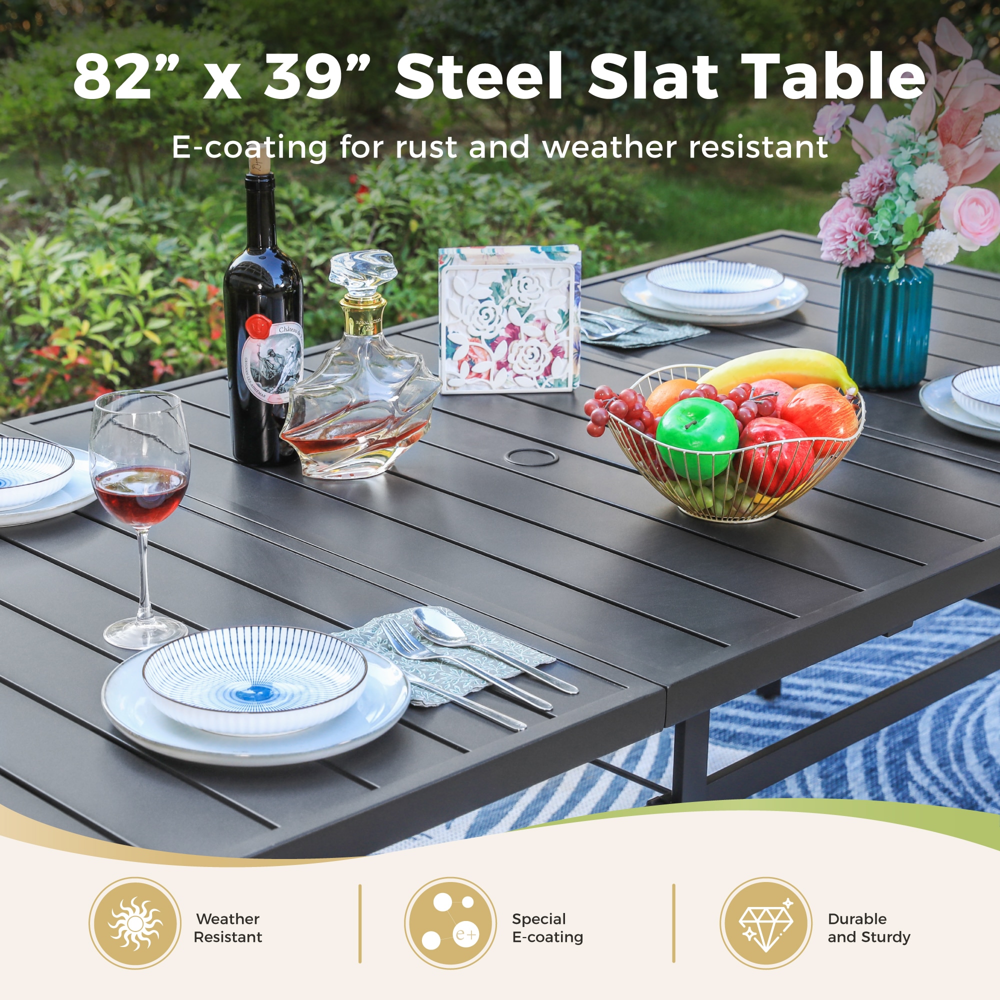 Sunshine Valley Outdoor Table and Chairs 9 -Piece Black Patio Dining Set Steel Rectangle Table with 8 Blue Stationary Chairs