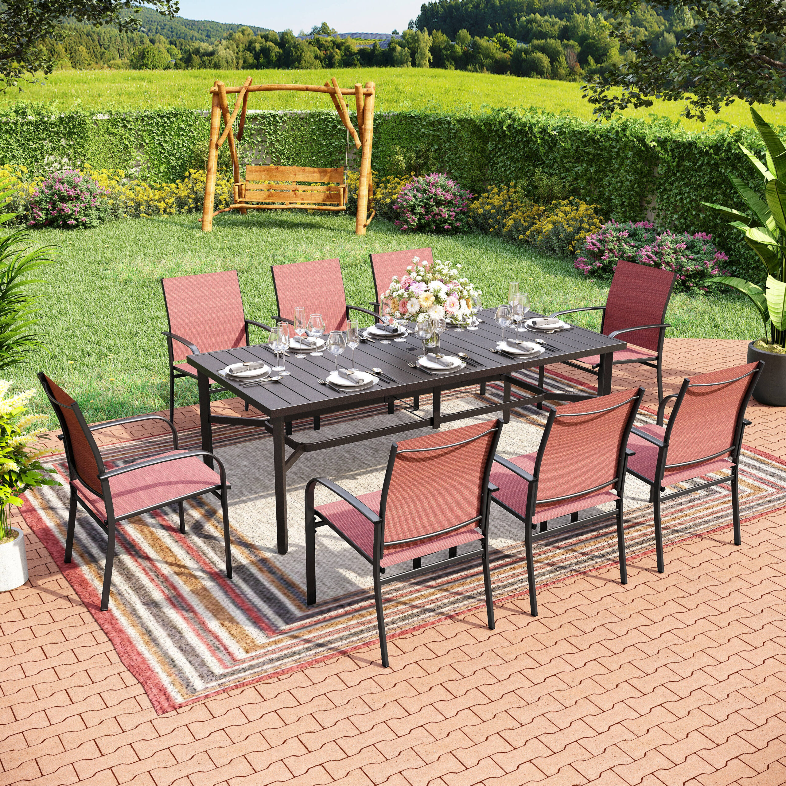 Sunshine Valley Outdoor Table and Chairs 9 -Piece Black Patio Dining Set Steel Rectangle Table with 8 Red Stationary Chairs