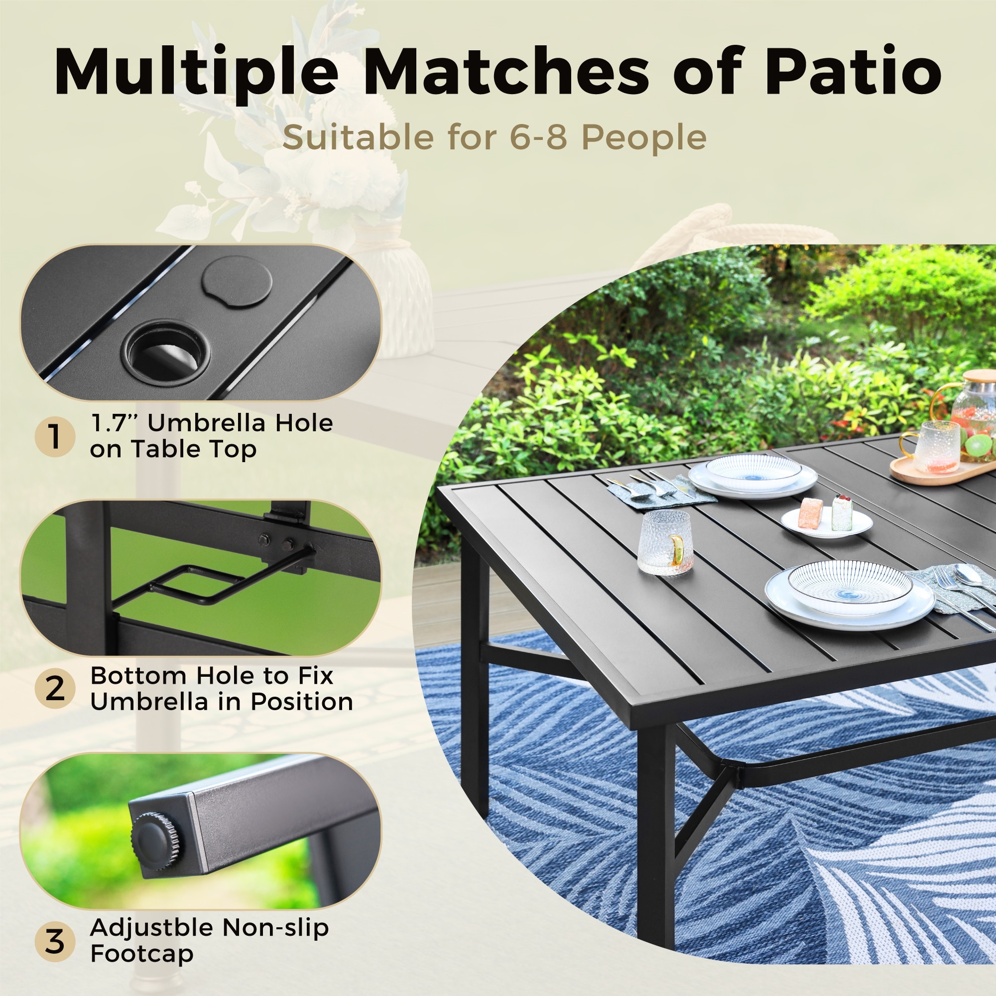 Sunshine Valley Outdoor Table and Chairs 9 -Piece Black Patio Dining Set Steel Rectangle Table with 8 Red Stationary Chairs