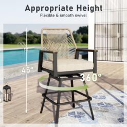 Sunshine Valley Outdoor Bar Height Bistro Set 3 -Piece Black Rattan Patio Dining Set Steel Square Table with 2 Beige Cushions Swivel Chairs