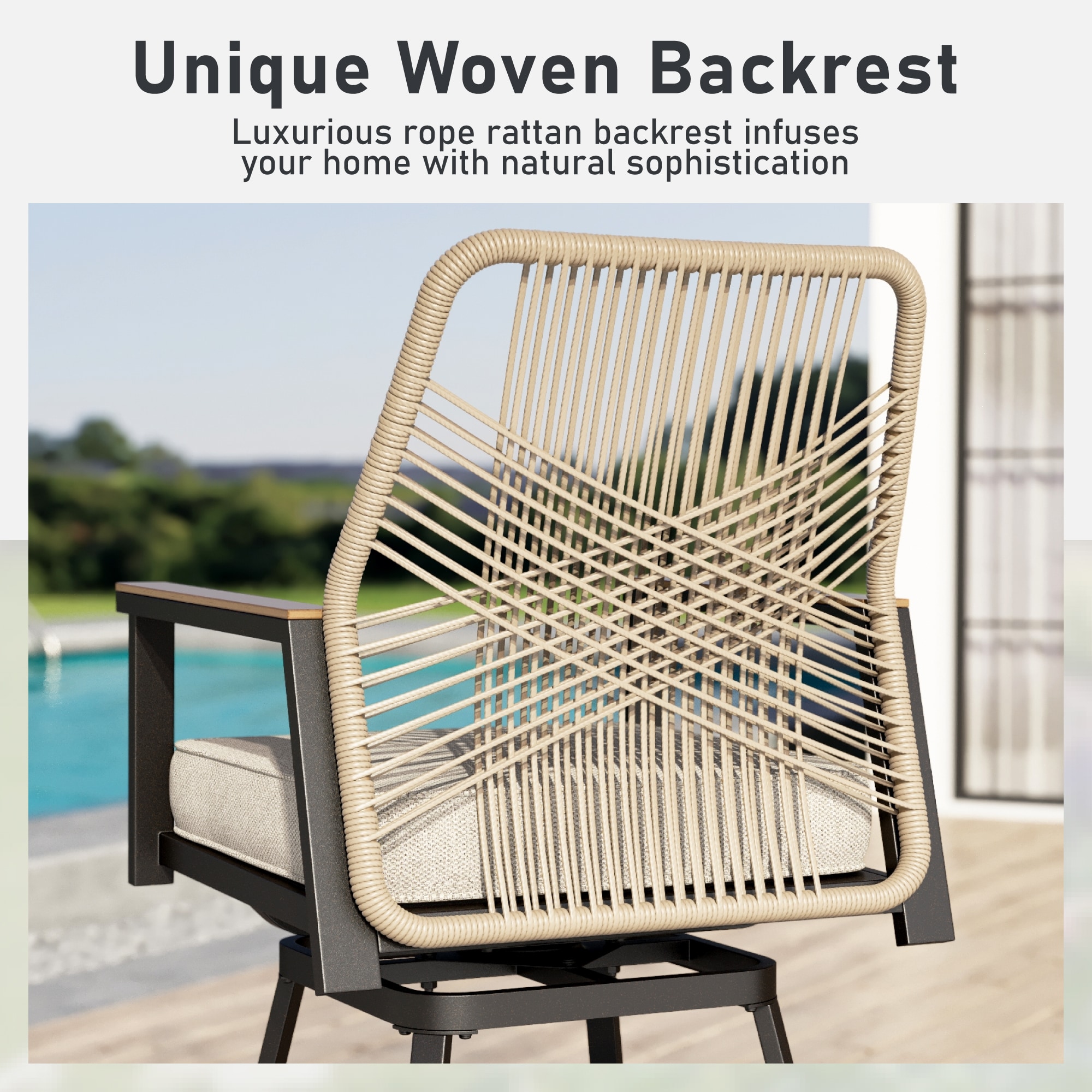 Sunshine Valley Outdoor Bar Height Bistro Set 3 -Piece Black Rattan Patio Dining Set Steel Square Table with 2 Beige Cushions Swivel Chairs