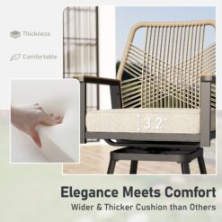 Sunshine Valley Outdoor Bar Height Bistro Set 3 -Piece Black Rattan Patio Dining Set Steel Square Table with 2 Beige Cushions Swivel Chairs