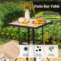 Sunshine Valley Outdoor Bar Height Bistro Set 3 -Piece Black Rattan Patio Dining Set Steel Square Table with 2 Beige Cushions Swivel Chairs