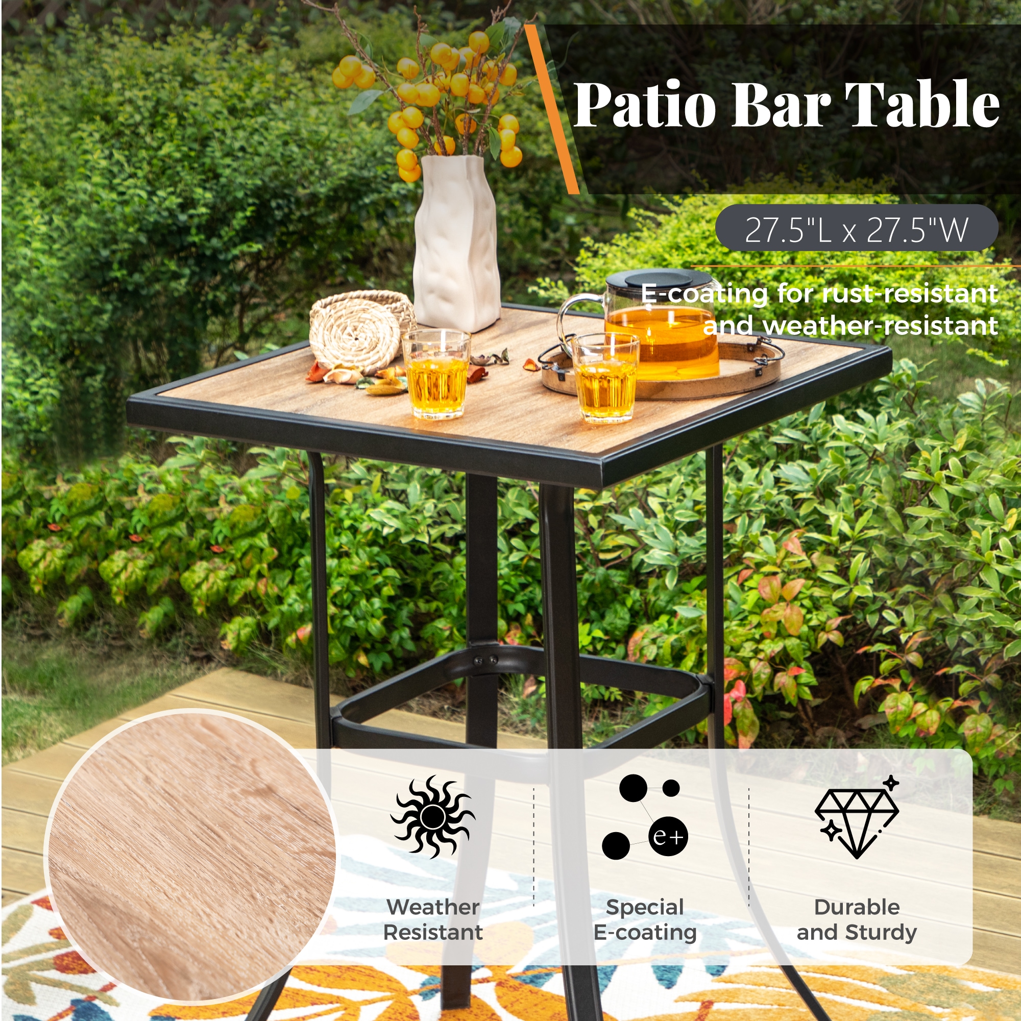 Sunshine Valley Outdoor Bar Height Bistro Set 3 -Piece Black Rattan Patio Dining Set Steel Square Table with 2 Beige Cushions Swivel Chairs