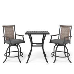 Sunshine Valley Outdoor Bistro Set 3 -Piece Black Rattan Counter height Steel Square Table with 2 Gray Cushions Swivel Chairs