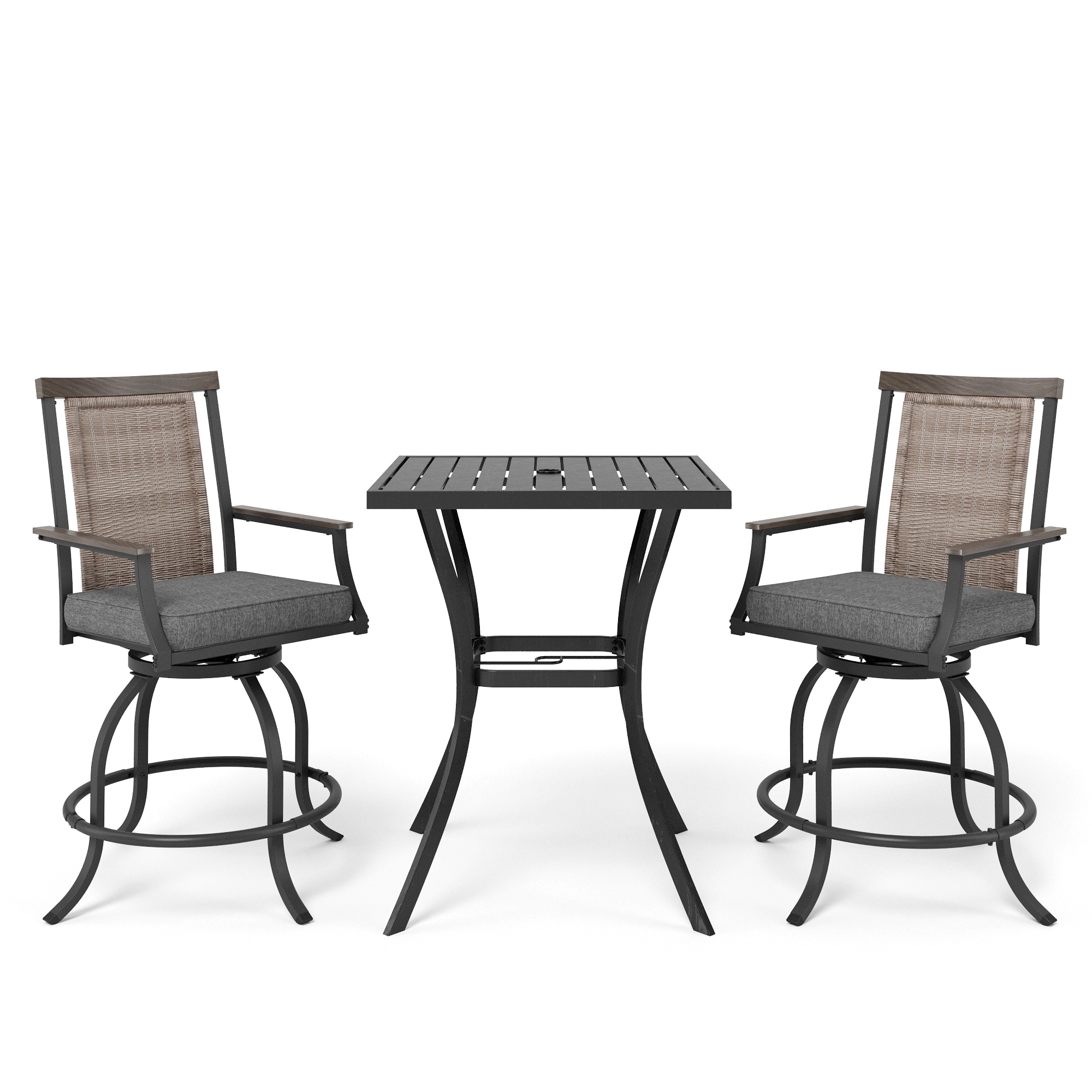Sunshine Valley Outdoor Bistro Set 3 -Piece Black Rattan Counter height Steel Square Table with 2 Gray Cushions Swivel Chairs