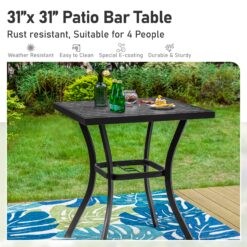 Sunshine Valley Outdoor Bistro Set 3 -Piece Black Rattan Counter height Steel Square Table with 2 Gray Cushions Swivel Chairs