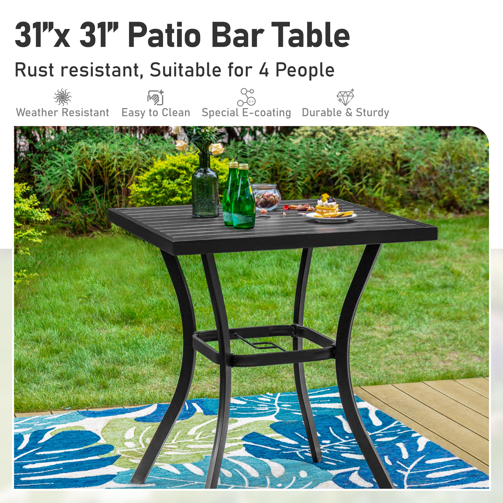 Sunshine Valley Outdoor Bistro Set 3 -Piece Black Rattan Counter height Steel Square Table with 2 Gray Cushions Swivel Chairs
