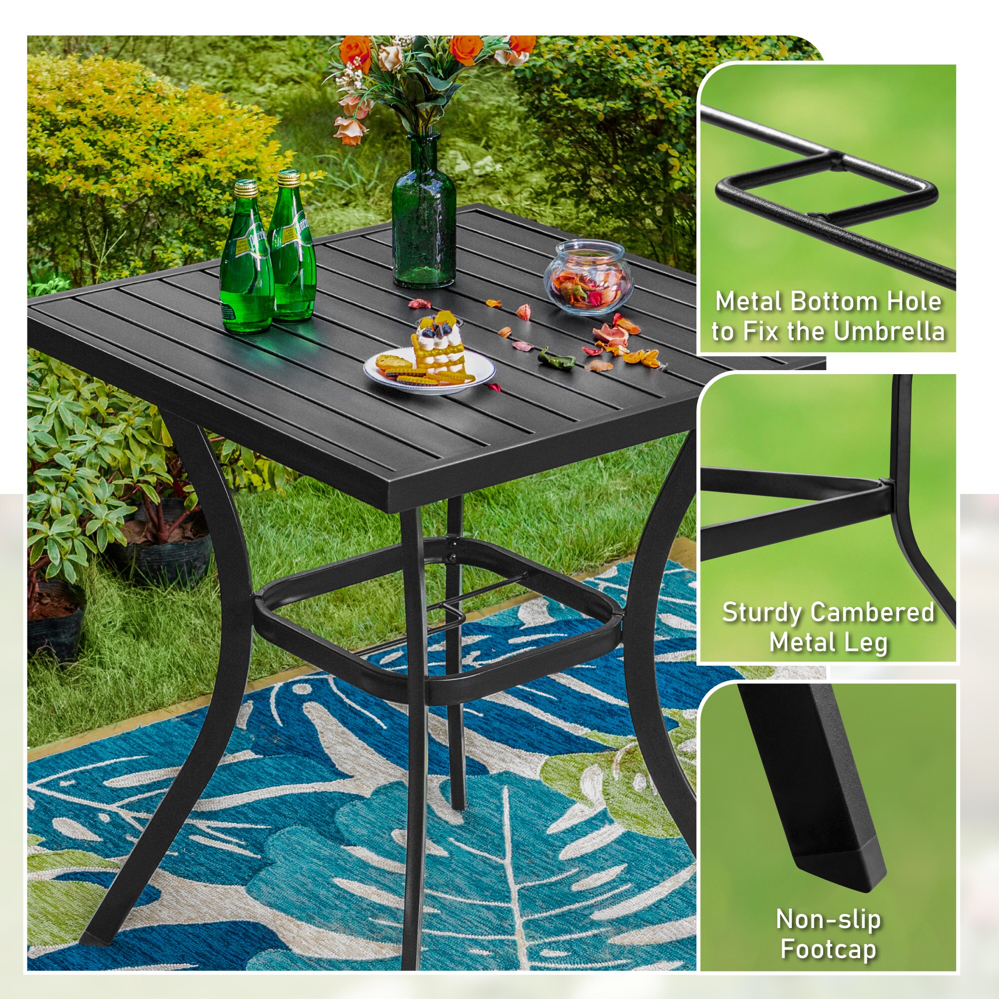 Sunshine Valley Outdoor Bistro Set 3 -Piece Black Rattan Counter height Steel Square Table with 2 Gray Cushions Swivel Chairs