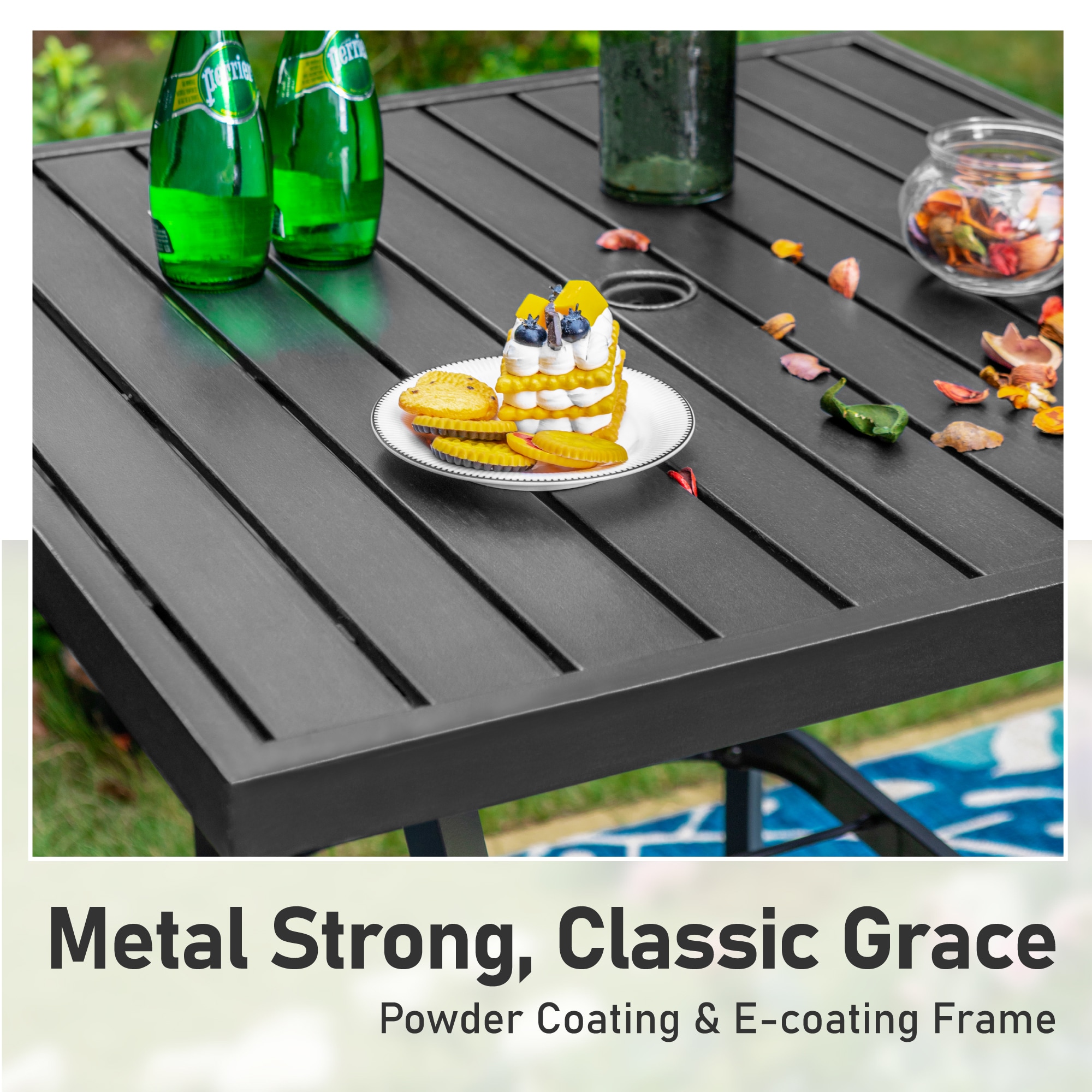 Sunshine Valley Outdoor Bistro Set 3 -Piece Black Rattan Counter height Steel Square Table with 2 Gray Cushions Swivel Chairs