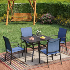 Sunshine Valley Outdoor Table and Chairs 5 -Piece Black Patio Dining Set Steel Square Table with 4 Blue Stationary Chairs