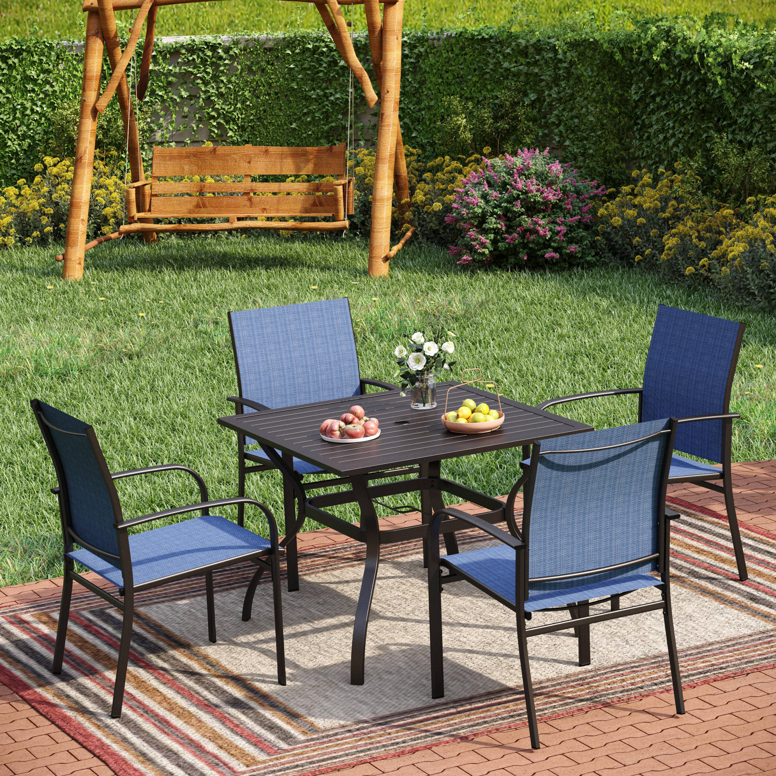 Sunshine Valley Outdoor Table and Chairs 5 -Piece Black Patio Dining Set Steel Square Table with 4 Blue Stationary Chairs