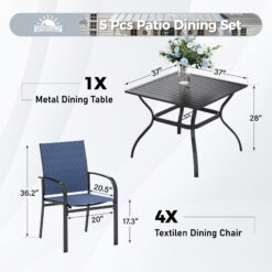 Sunshine Valley Outdoor Table and Chairs 5 -Piece Black Patio Dining Set Steel Square Table with 4 Blue Stationary Chairs