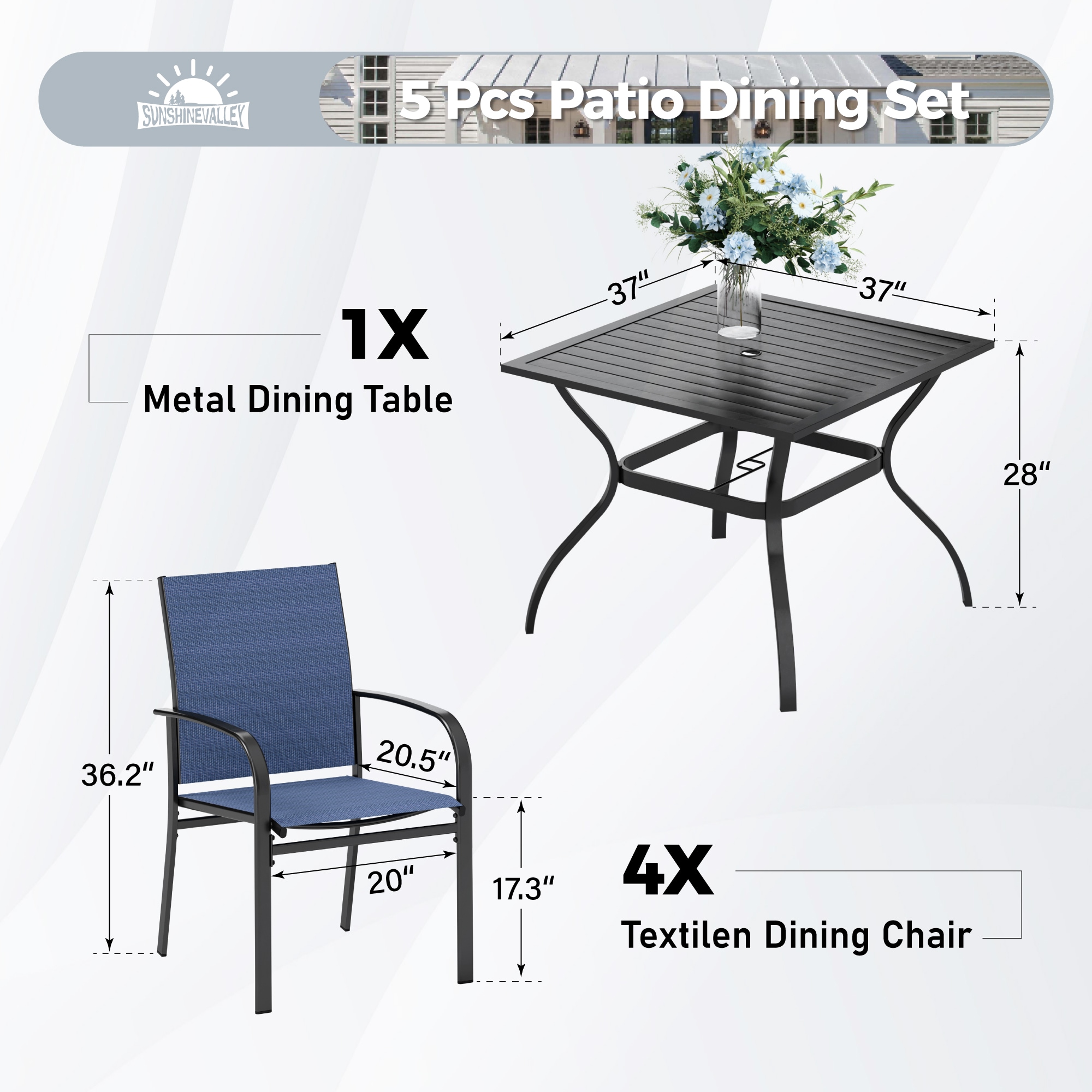 Sunshine Valley Outdoor Table and Chairs 5 -Piece Black Patio Dining Set Steel Square Table with 4 Blue Stationary Chairs