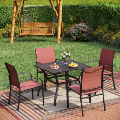 Sunshine Valley Outdoor Table and Chairs 5 -Piece Black Patio Dining Set Steel Square Table with 4 Red Stationary Chairs