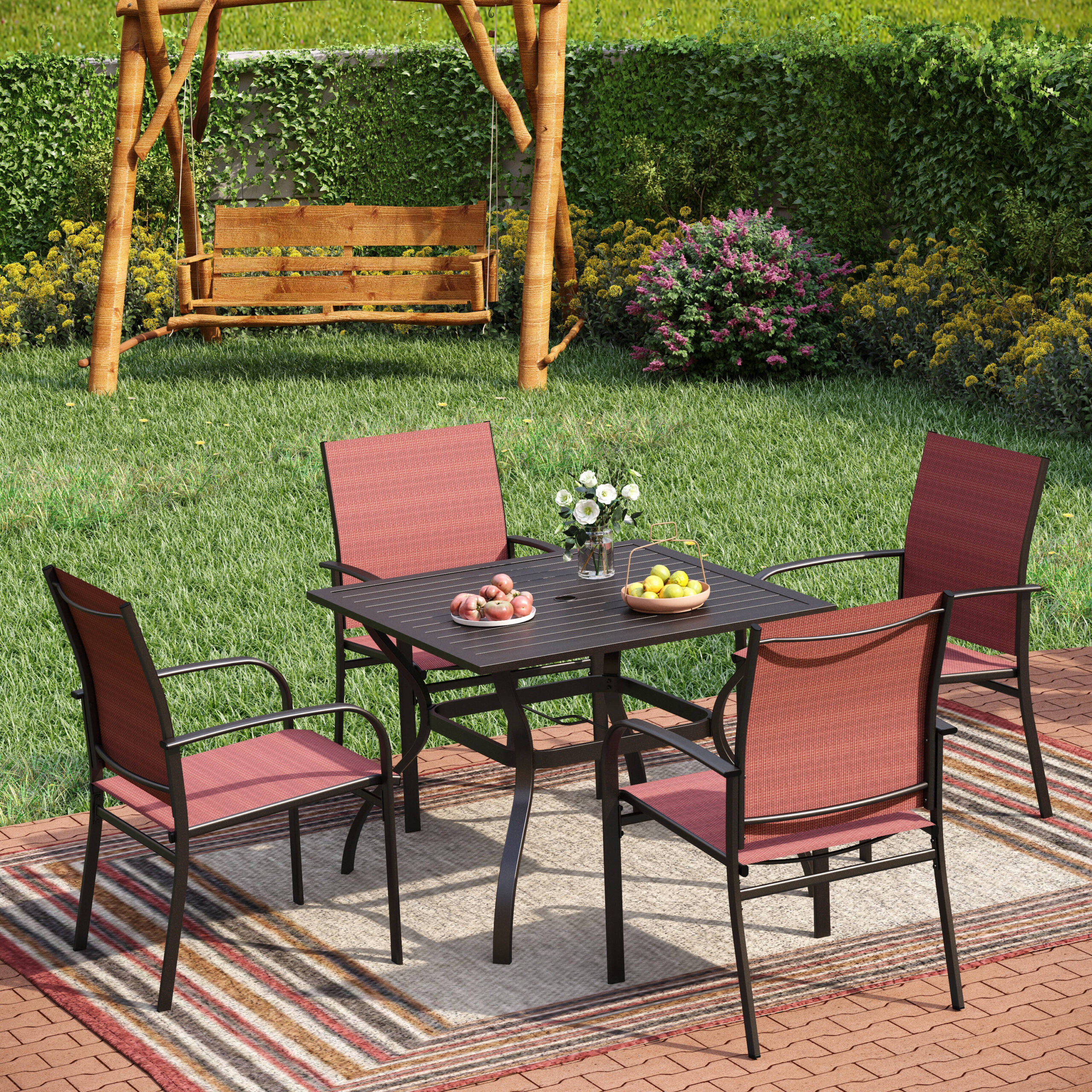 Sunshine Valley Outdoor Table and Chairs 5 -Piece Black Patio Dining Set Steel Square Table with 4 Red Stationary Chairs