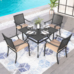 Sunshine Valley Outdoor Table and Chairs 5 -Piece Black Patio Dining Set Steel Square Table with 4 Beige Cushions Stackable Stationary Chairs