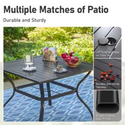 Sunshine Valley Outdoor Table and Chairs 6 -Piece Black Patio Dining Set Steel Square Table with 4 Red Stackable Stationary Chairs and Umbrella Included