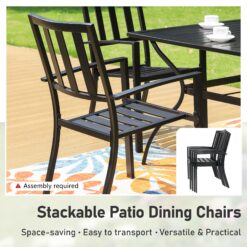 Sunshine Valley Outdoor Table and Chairs 6 -Piece Black Patio Dining Set Steel Square Table with 4 Red Stackable Stationary Chairs and Umbrella Included