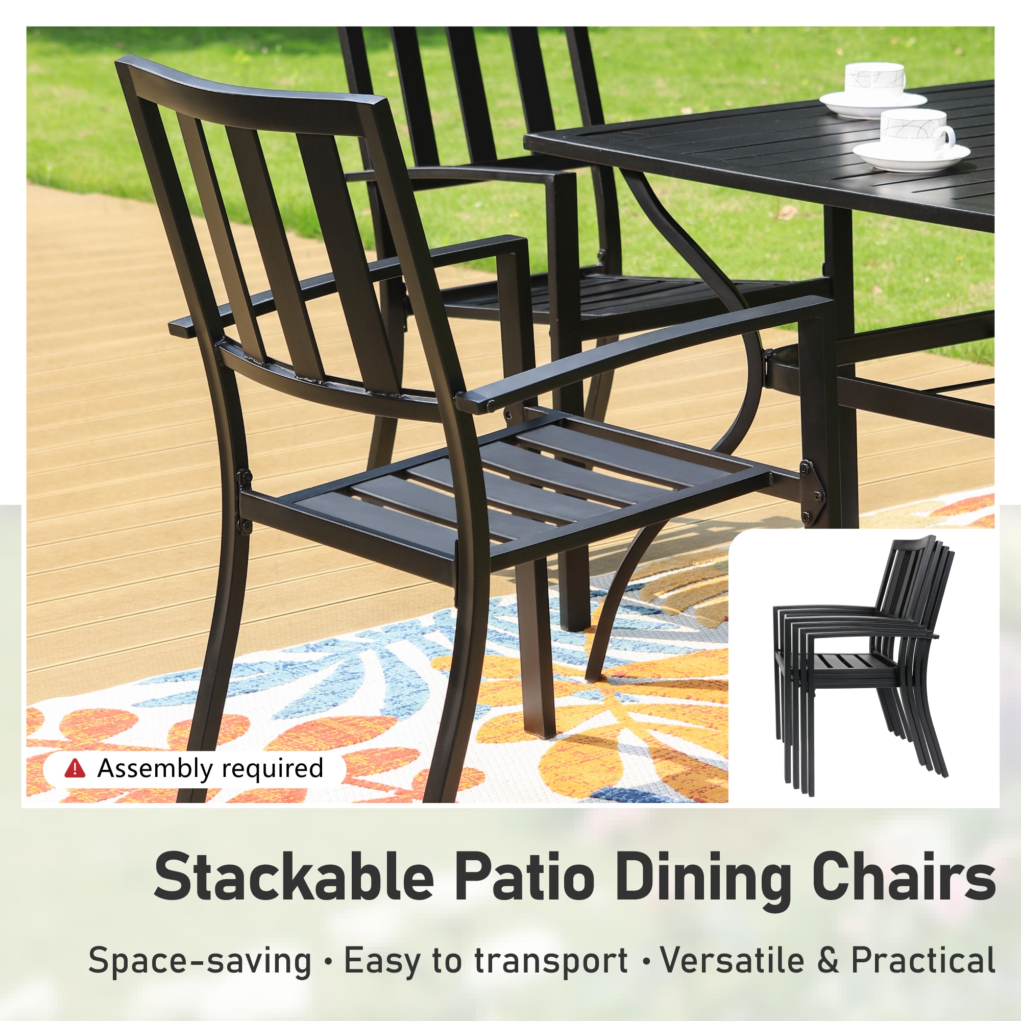 Sunshine Valley Outdoor Table and Chairs 6 -Piece Black Patio Dining Set Steel Square Table with 4 Red Stackable Stationary Chairs and Umbrella Included