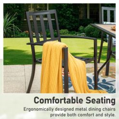 Sunshine Valley Outdoor Table and Chairs 6 -Piece Black Patio Dining Set Steel Square Table with 4 Red Stackable Stationary Chairs and Umbrella Included