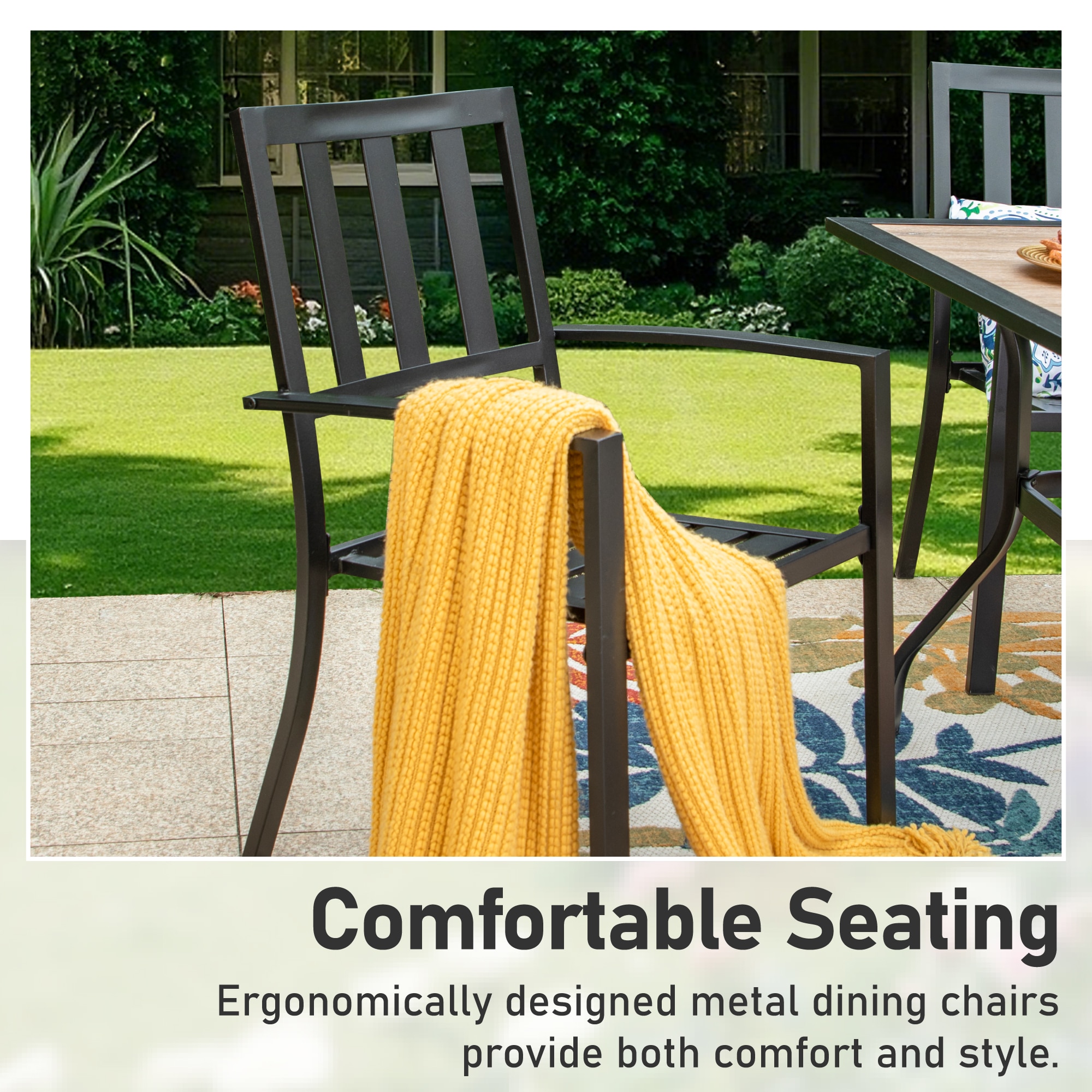 Sunshine Valley Outdoor Table and Chairs 6 -Piece Black Patio Dining Set Steel Square Table with 4 Red Stackable Stationary Chairs and Umbrella Included