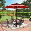 Sunshine Valley Outdoor Table and Chairs 6 -Piece Black Patio Dining Set Steel Square Table with 4 Red Stackable Stationary Chairs and Umbrella Included