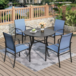 Sunshine Valley Outdoor Table and Chairs 5 -Piece Black Patio Dining Set Steel Round Table with 4 Blue Stationary Chairs