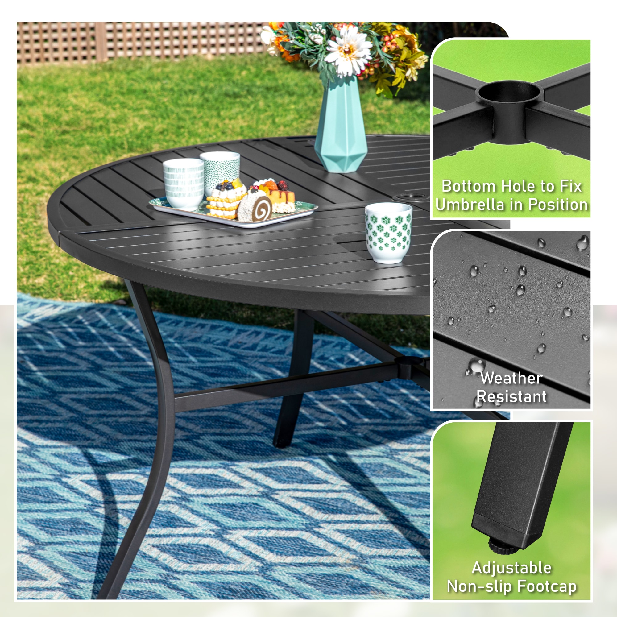 Sunshine Valley Outdoor Table and Chairs 5 -Piece Black Patio Dining Set Steel Round Table with 4 Blue Stationary Chairs