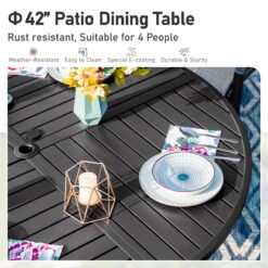Sunshine Valley Outdoor Table and Chairs 5 -Piece Black Patio Dining Set Steel Round Table with 4 Blue Stationary Chairs