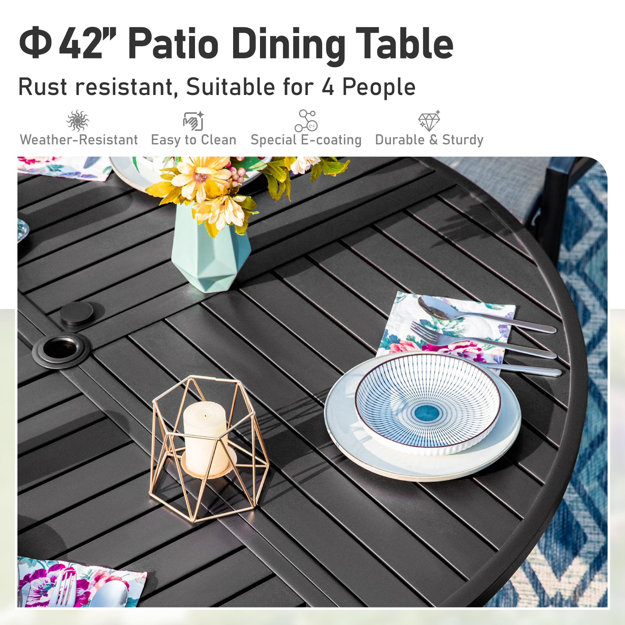 Sunshine Valley Outdoor Table and Chairs 5 -Piece Black Patio Dining Set Steel Round Table with 4 Blue Stationary Chairs