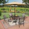 Sunshine Valley Outdoor Table and Chairs 6 -Piece Black Patio Dining Set Steel Round Table with 4 Gray Stationary Chairs and Umbrella Included