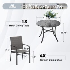 Sunshine Valley Outdoor Table and Chairs 6 -Piece Black Patio Dining Set Steel Round Table with 4 Gray Stationary Chairs and Umbrella Included
