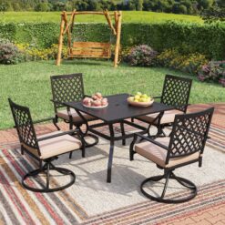 Sunshine Valley Outdoor Table and Chairs 5 -Piece Black Patio Dining Set Steel Square Table with 4 Beige Cushions Swivel Chairs
