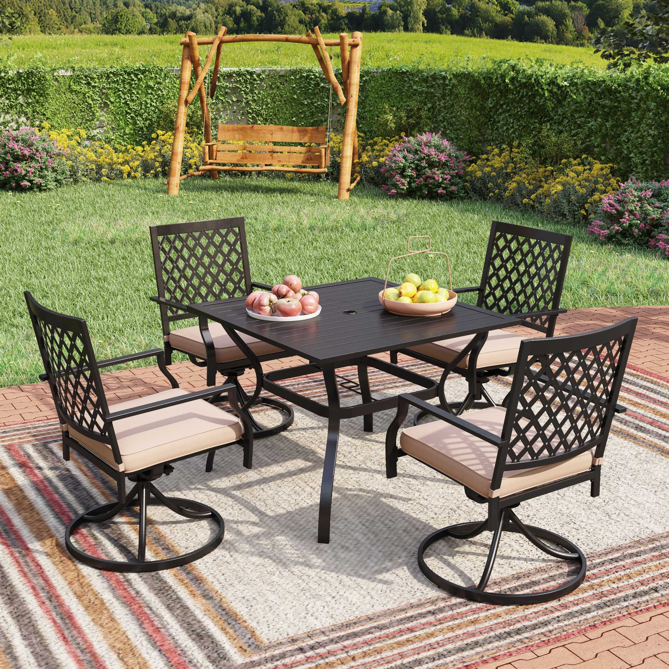 Sunshine Valley Outdoor Table and Chairs 5 -Piece Black Patio Dining Set Steel Square Table with 4 Beige Cushions Swivel Chairs