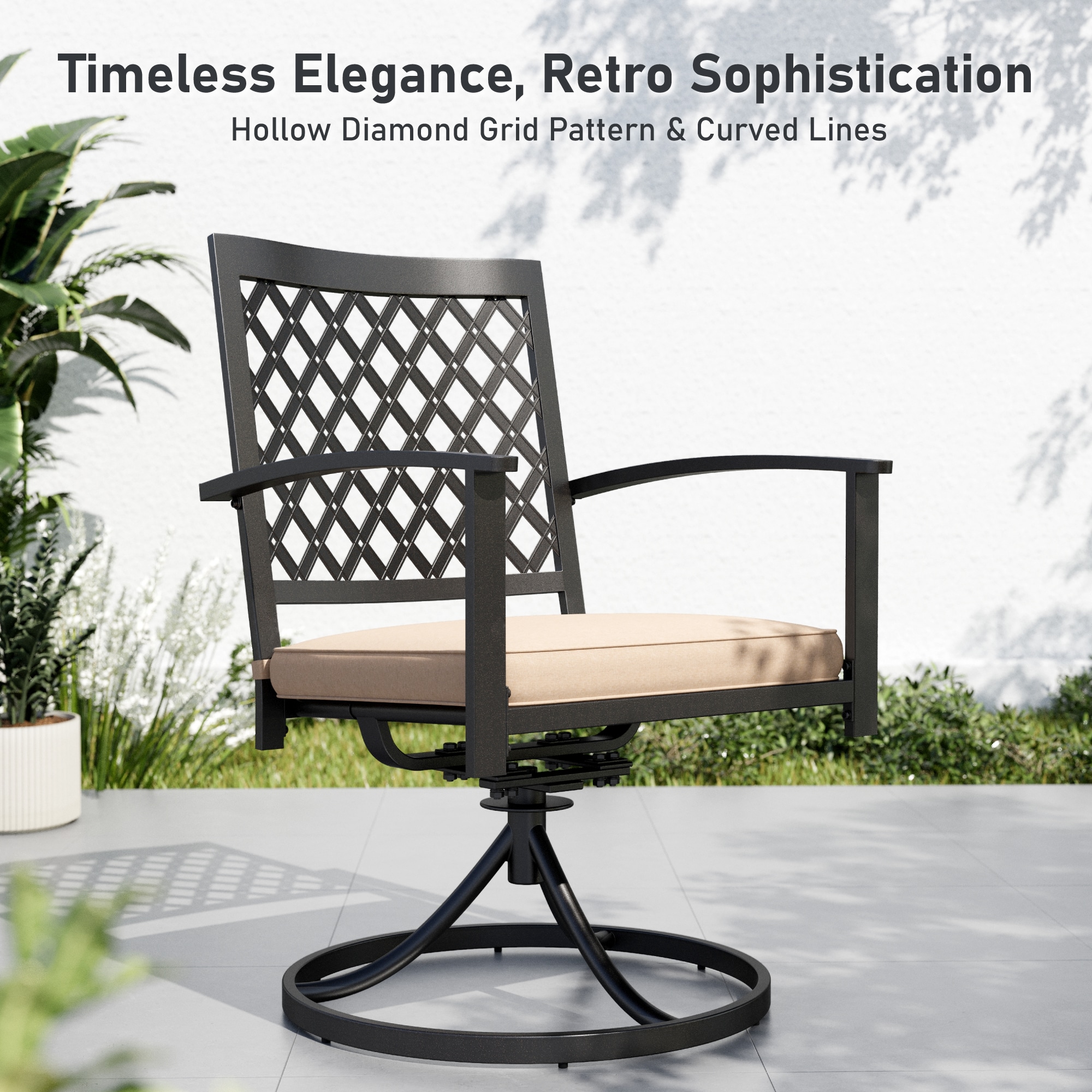 Sunshine Valley Outdoor Table and Chairs 5 -Piece Black Patio Dining Set Steel Square Table with 4 Beige Cushions Swivel Chairs