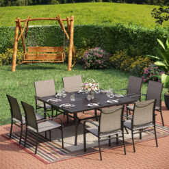 Sunshine Valley Outdoor Table and Chairs 9 -Piece Black Patio Dining Set Steel Square Table with 8 Brown Stationary Chairs