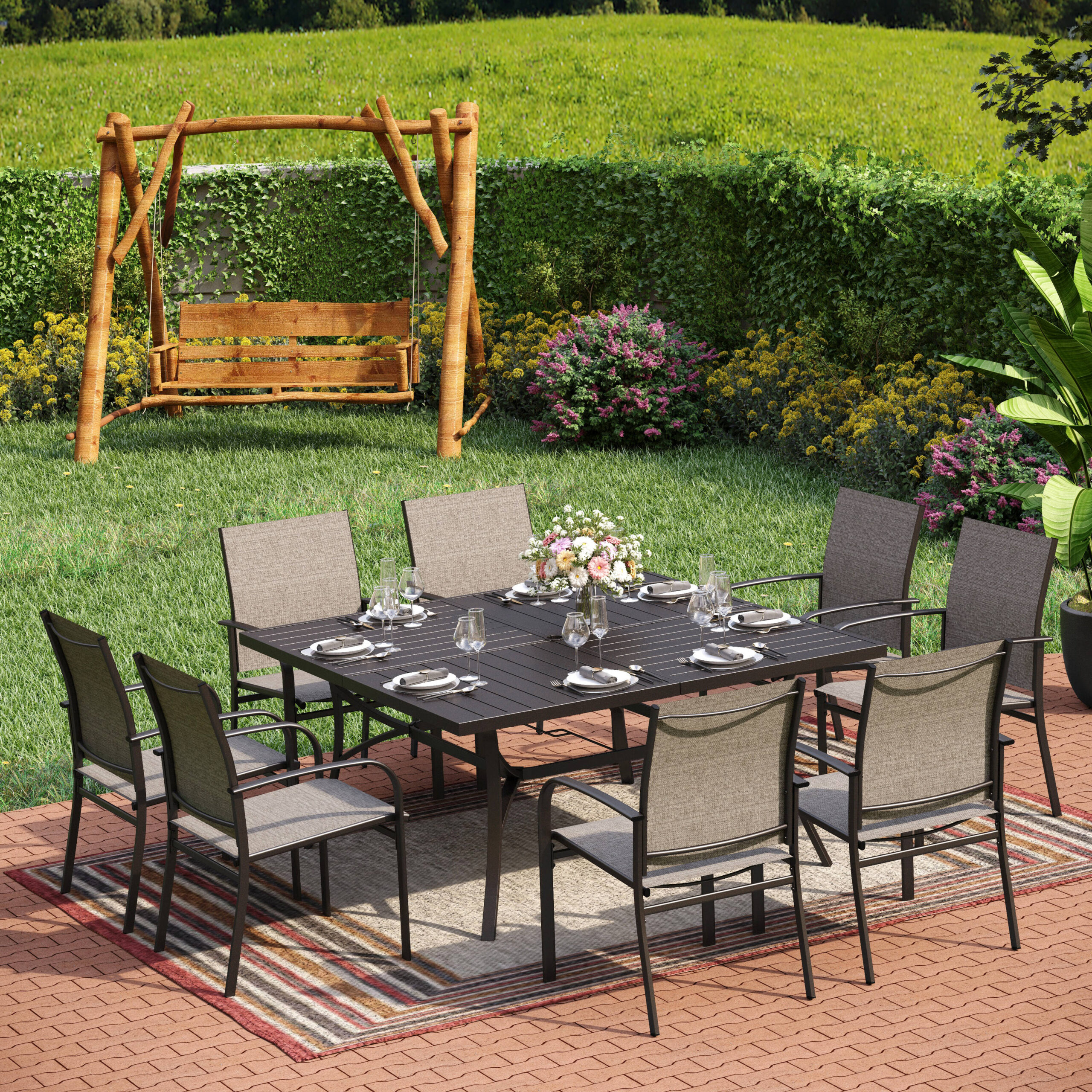 Sunshine Valley Outdoor Table and Chairs 9 -Piece Black Patio Dining Set Steel Square Table with 8 Brown Stationary Chairs