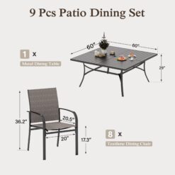 Sunshine Valley Outdoor Table and Chairs 9 -Piece Black Patio Dining Set Steel Square Table with 8 Brown Stationary Chairs